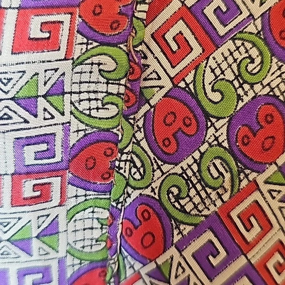 Purple, Red, Green, and Cream Printed Hand Rolled Silk Neck Scarf - OS